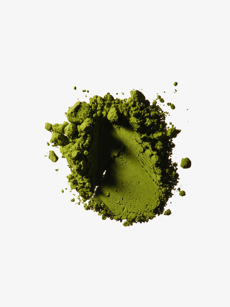 Green powdered Andrographolide spread across a clean white background.