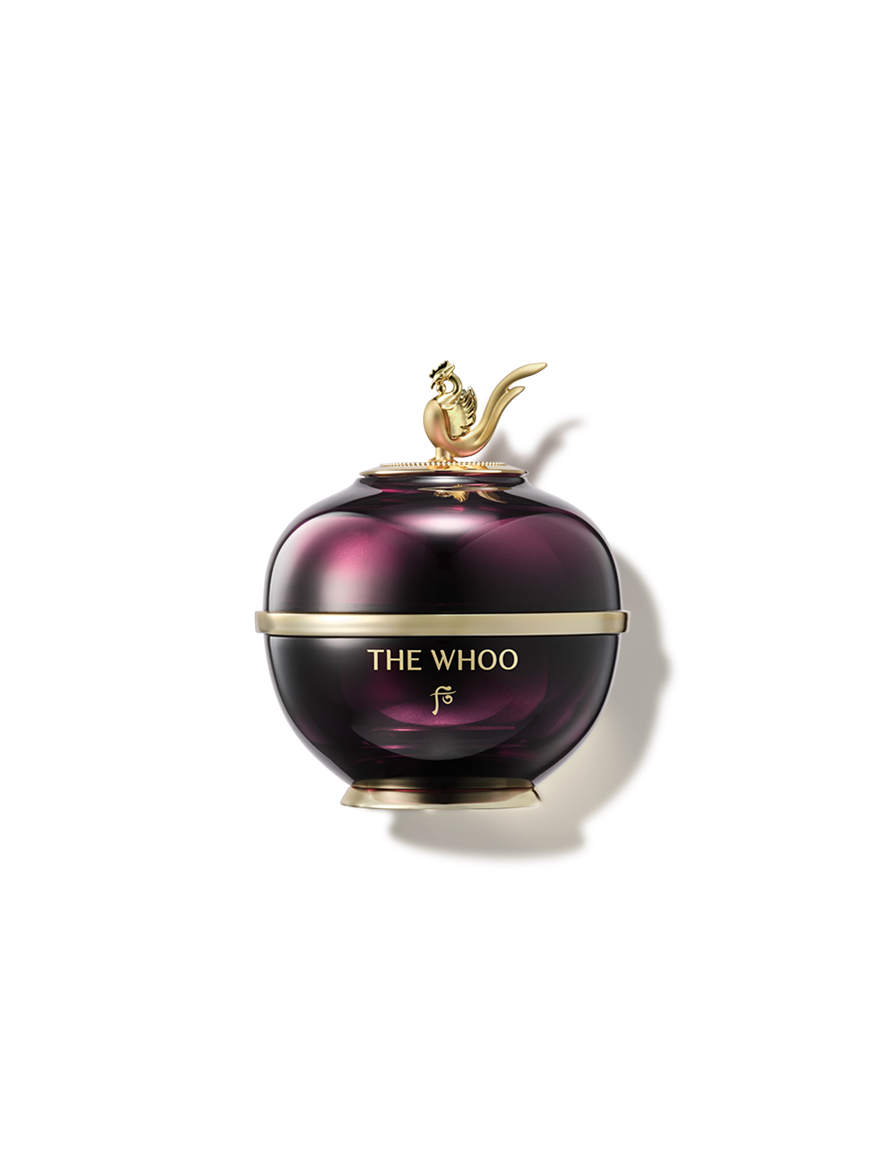 THE WHOO Imperial Youth Contour Eye Cream, purple glass jar with gold accents.