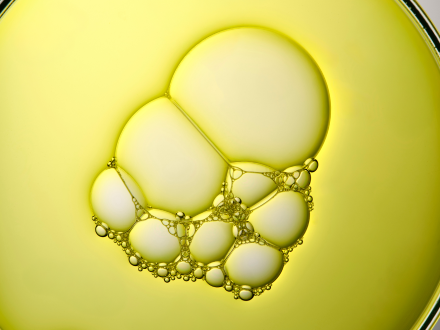 A translucent yellow liquid with floating bubbles.