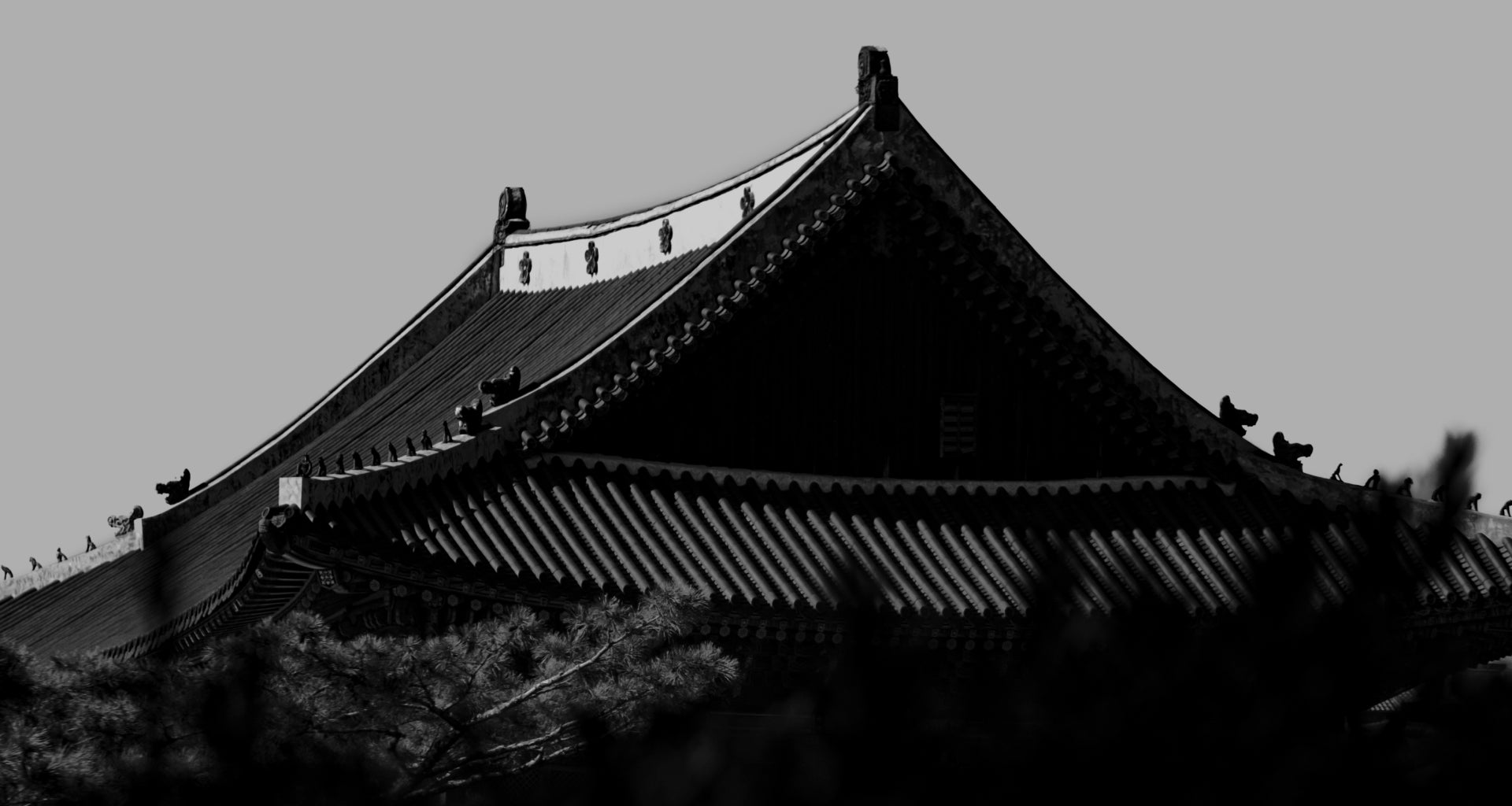 Black and white photograph of a traditional Korean palace roof with detailed tile patterns, symbolizing cultural heritage.