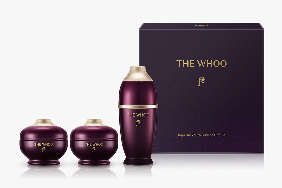 THE WHOO Imperial Youth 3-Piece Gift Kit including mini sizes of Concentrate Serum, Cream, and Contour Eye Cream.