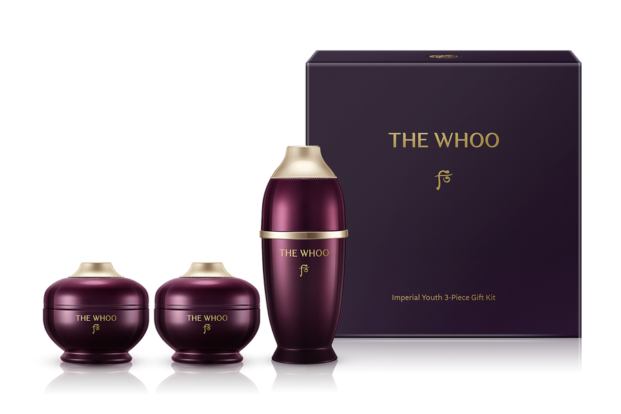 THE WHOO Imperial Youth 3-Piece Gift Kit including mini sizes of Concentrate Serum, Cream, and Contour Eye Cream.