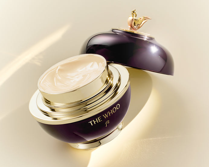 An open jar of THE WHOO Imperial Youth Cream, showing the rich cream texture inside.